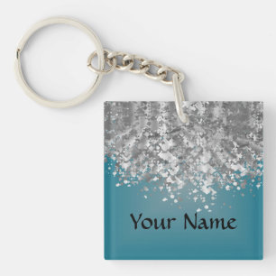 Teal blue and faux glitter key ring