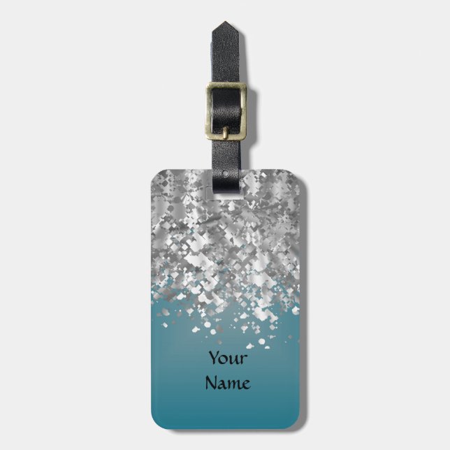 Teal blue and faux glitter luggage tag (Front Vertical)