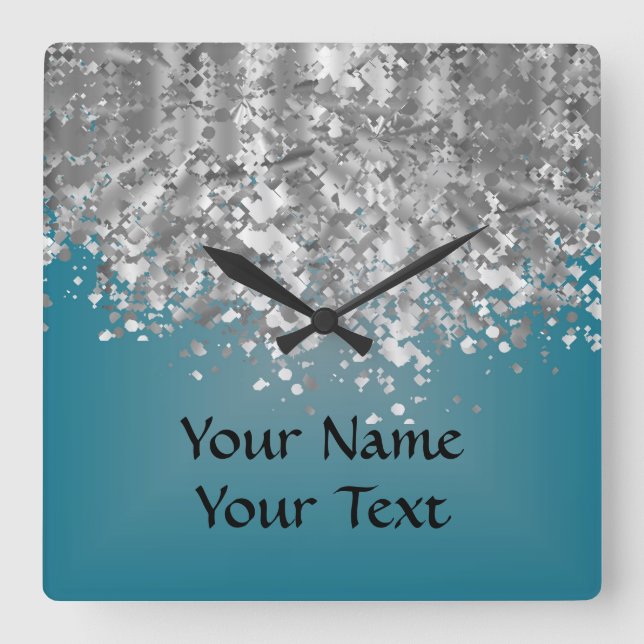 Teal blue and faux glitter square wall clock (Front)