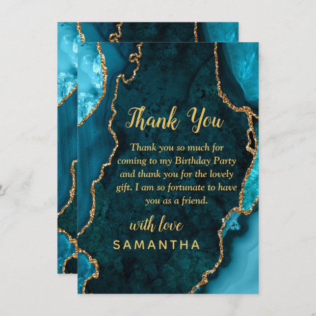 Teal Blue and Gold Agate Birthday Party Thank You Card (Front/Back)