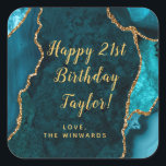 Teal Blue and Gold Agate Happy Birthday Square Sticker<br><div class="desc">This elegant and glamourous sticker can be personalised with a name or title such as mum, daughter, granddaughter, niece, friend etc. The design features a teal blue agate marble background with faux gold glitter accents. The text combines handwritten script and modern sans serif fonts for a classy and sophisticated look....</div>
