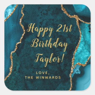 Teal Blue and Gold Agate Happy Birthday Square Sticker