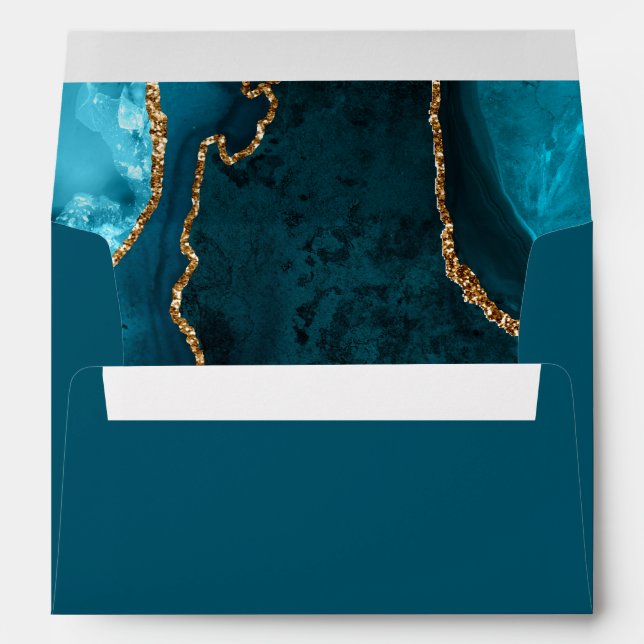 Teal Blue and Gold Agate Marble Birthday Party Envelope (Back (Bottom))
