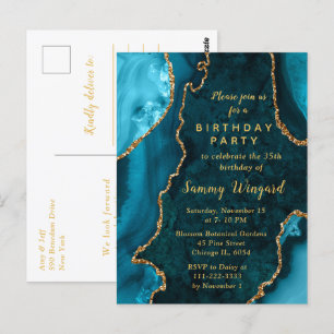 Teal Blue and Gold Agate Marble Birthday Party Postcard