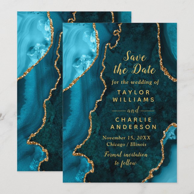 Teal Blue and Gold Agate Marble Save The Date Invitation (Front/Back)