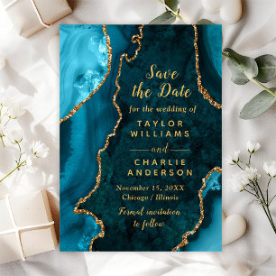 Teal Blue and Gold Agate Marble Save The Date Invitation