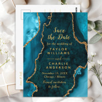 Teal Blue and Gold Agate Marble Save The Date
