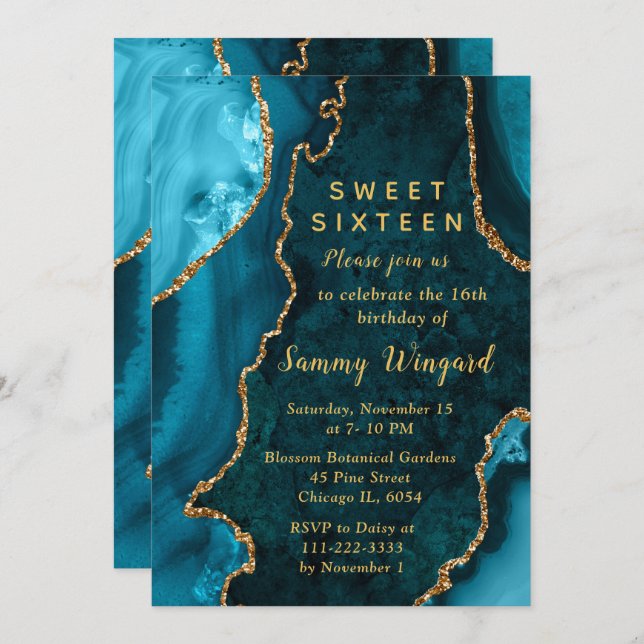 Teal Blue and Gold Agate Marble Sweet Sixteen Invitation (Front/Back)