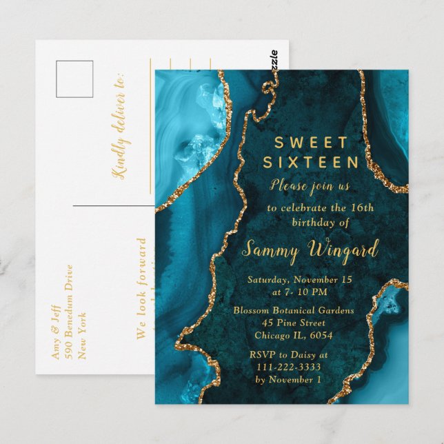 Teal Blue and Gold Agate Marble Sweet Sixteen Postcard (Front/Back)