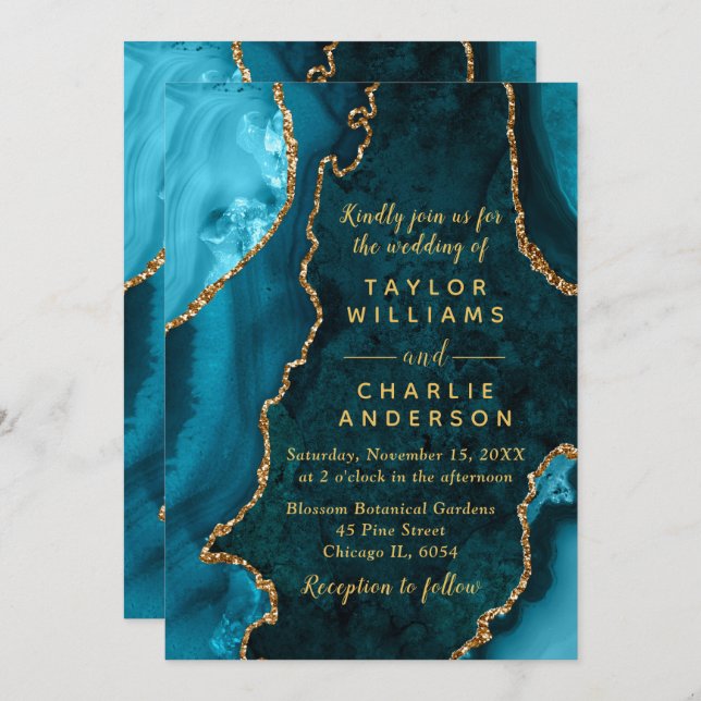 Teal Blue and Gold Agate Marble Wedding Invitation (Front/Back)