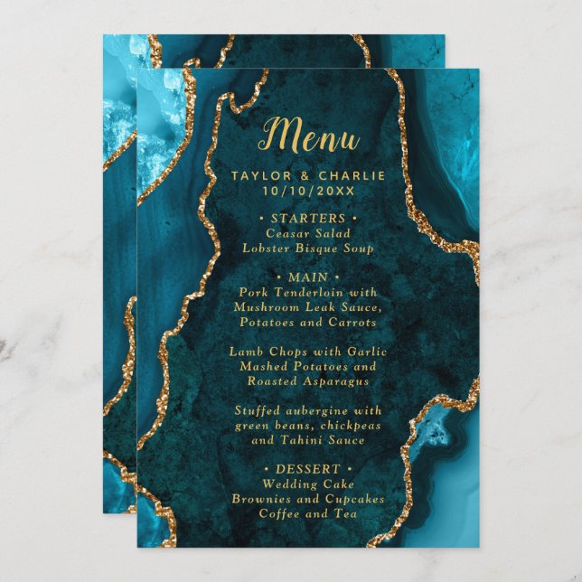 Teal Blue and Gold Agate Marble Wedding Menu (Front/Back)
