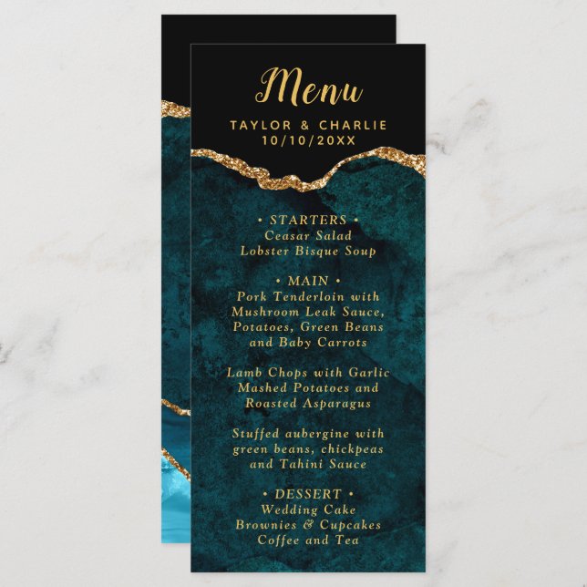 Teal Blue and Gold Agate Marble Wedding Menu (Front/Back)