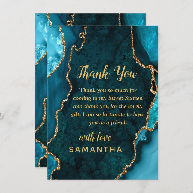 Teal Blue and Gold Agate Sweet Sixteen Thank You Card (Front/Back)