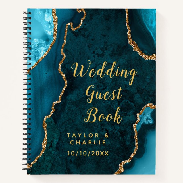Teal Blue and Gold Agate Wedding Guest Book (Front)