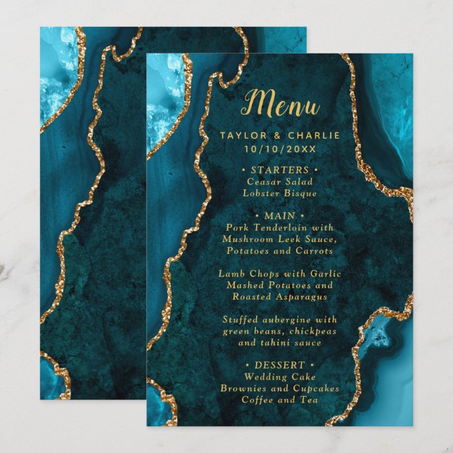 Teal Blue and Gold Agate Wedding Menu (Front/Back)