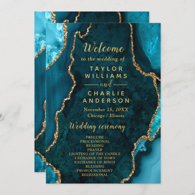 Teal Blue and Gold Agate Wedding Program Programme (Front/Back)
