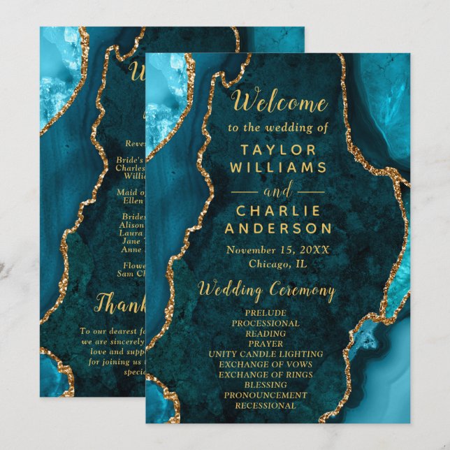Teal Blue and Gold Agate Wedding Program Programme (Front/Back)