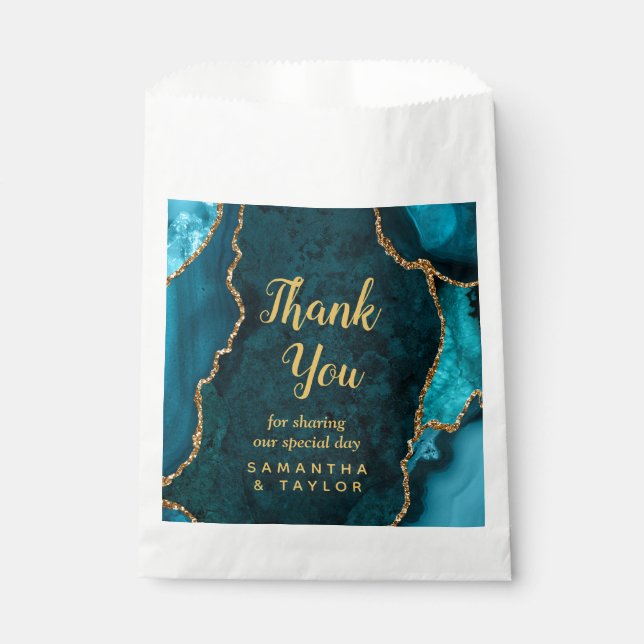 Teal Blue and Gold Agate Wedding Thank You Favour Bags (Front)