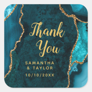 Teal Blue and Gold Agate Wedding Thank You Square Sticker
