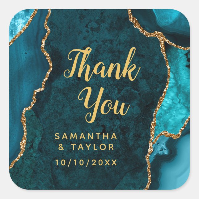 Teal Blue and Gold Agate Wedding Thank You Square Sticker (Front)