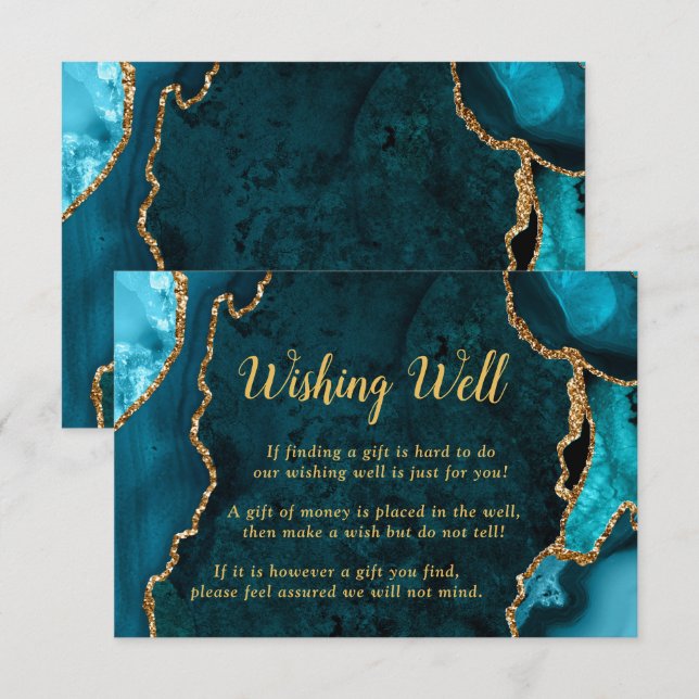Teal Blue and Gold Agate Wedding Wishing Well Enclosure Card (Front/Back)