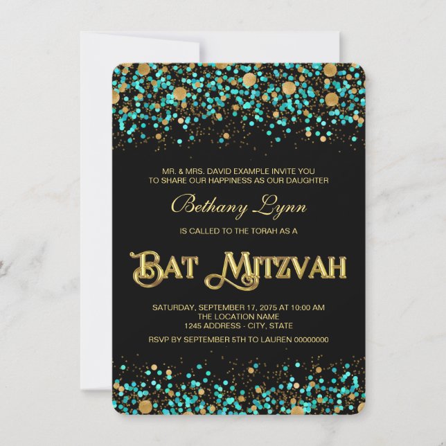 Teal Blue and Gold Bat Mitzvah Invitation (Front)