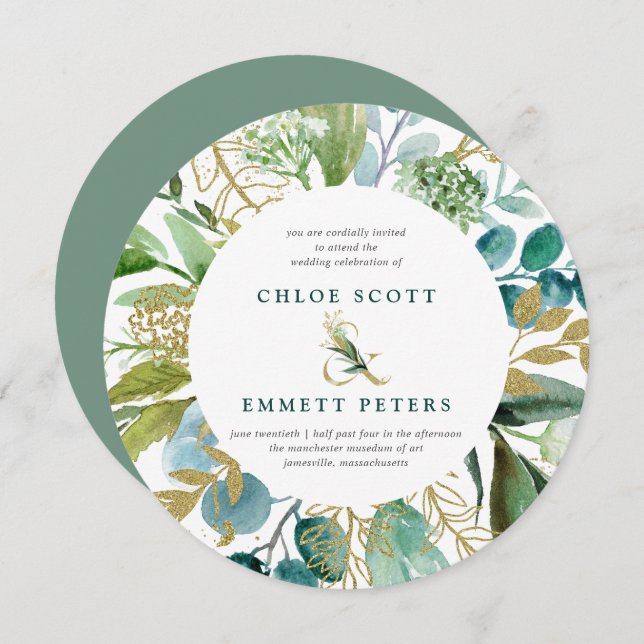 Teal Blue and Gold Botanical Round Wedding Invitation (Front/Back)