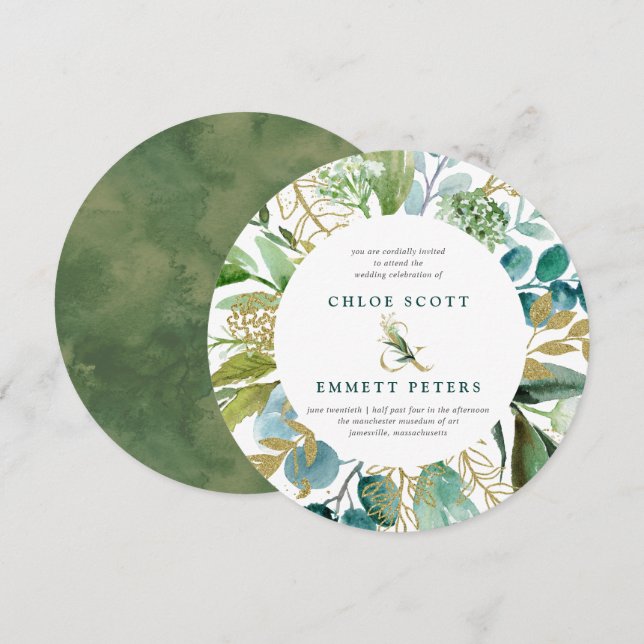 Teal Blue and Gold Botanical Round Wedding Invitation (Front/Back)