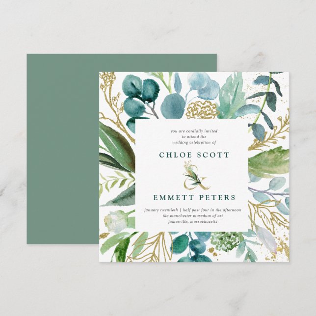 Teal Blue and Gold Botanical Square Wedding Invitation (Front/Back)