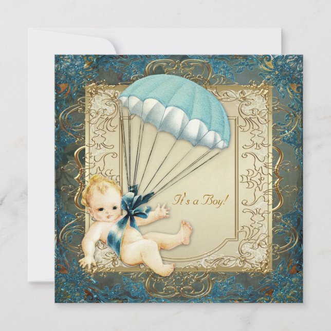 Teal Blue and Gold Boys Baby Shower Invitation (Front)