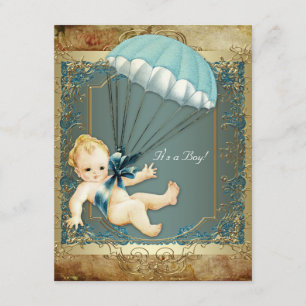 Teal Blue and Gold Boys Vintage Baby Shower Invitation