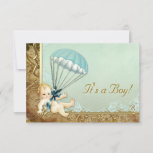 Teal Blue and Gold Boys Vintage Baby Shower Invitation