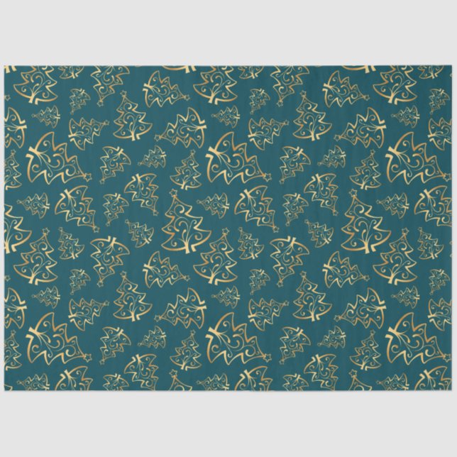 Teal Blue and Gold Elegant Christmas Trees Tissue Paper (Front)