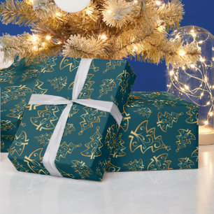 Teal Blue and Gold Elegant Christmas Trees Wrapping Paper