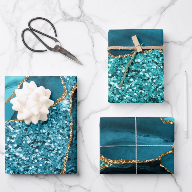 Teal Blue and Gold Faux Glitter Agate Wrapping Paper Sheet (Front)