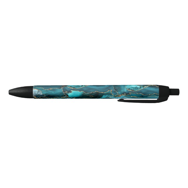 Teal Blue and Gold Glitter Agate Black Ink Pen (Bottom)