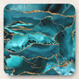 Teal Blue and Gold Glitter Agate Coaster