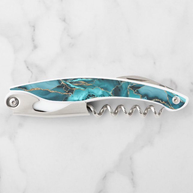Teal Blue and Gold Glitter Agate Corkscrew (Front)