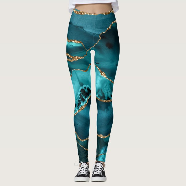Teal Blue and Gold Glitter Agate Leggings (Front)