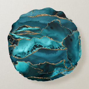 Teal Blue and Gold Glitter Agate Round Cushion