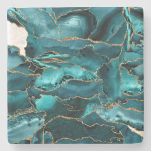 Teal Blue and Gold Glitter Agate Stone Coaster
