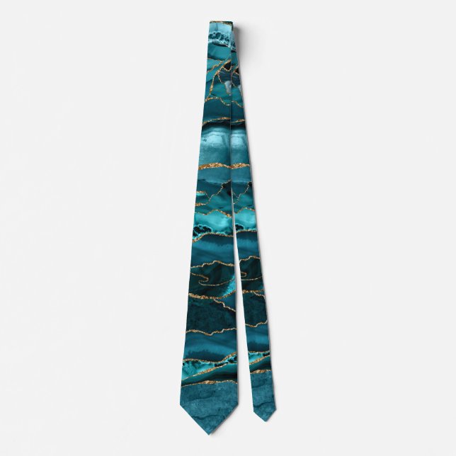 Teal Blue and Gold Glitter Agate Tie (Front)