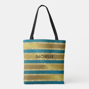 Teal Blue and Gold Glitter Stripes with Name Tote Bag