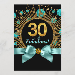 Teal Blue and Gold Glitter Womans 30th Birthday Invitation