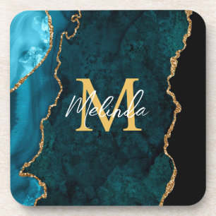 Teal Blue and Gold Marble Agate Coaster