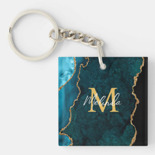 Teal Blue and Gold Marble Agate Key Ring