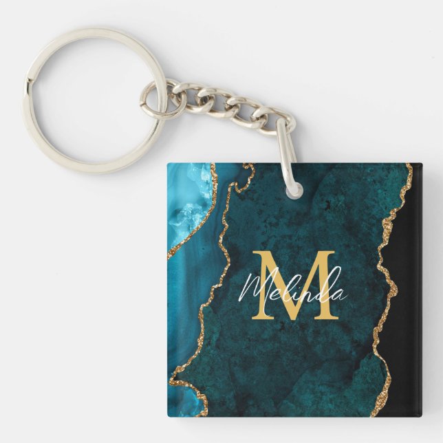 Teal Blue and Gold Marble Agate Key Ring (Front)