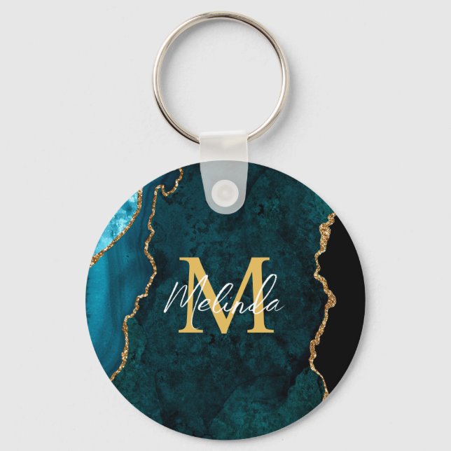 Teal Blue and Gold Marble Agate Key Ring (Front)