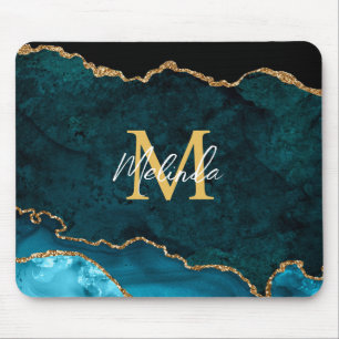 Teal Blue and Gold Marble Agate Mouse Mat