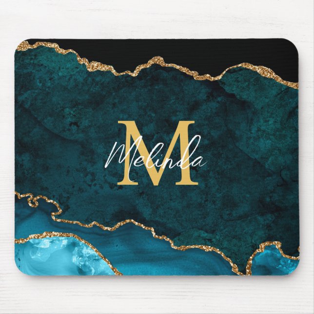 Teal Blue and Gold Marble Agate Mouse Mat (Front)
